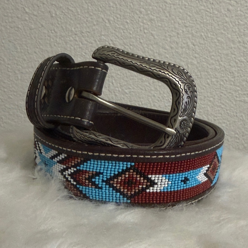 TWISTED X BEADED BLUE & RED FASHION WESTERN LEATHER BELT